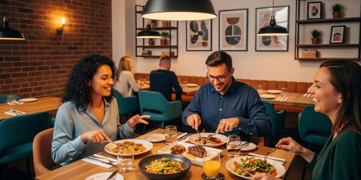 Friends enjoying dinner at a cosy restaurant.