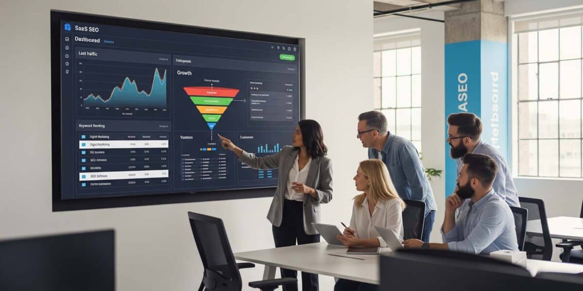 Business team analysing SaaS SEO dashboard on a large display.