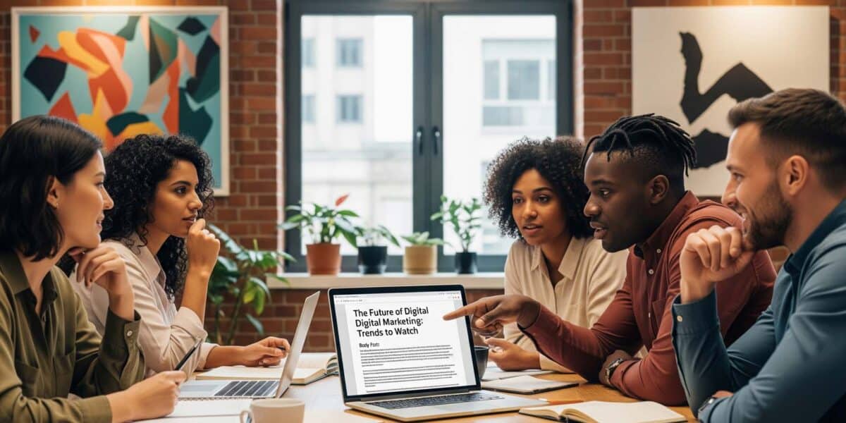 Diverse team discussing digital marketing trends on a laptop.