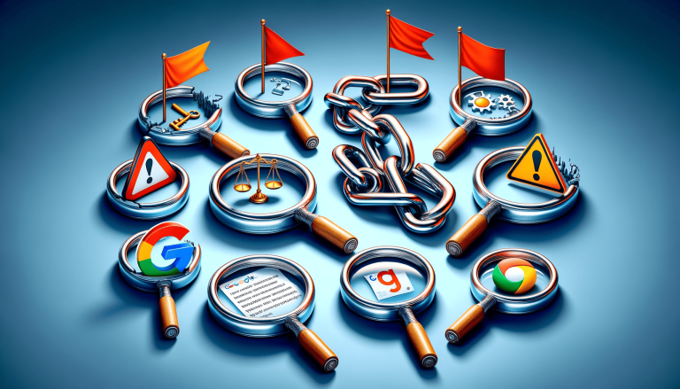 SEO optimisation tools, warnings, and strategies in magnifying glasses.