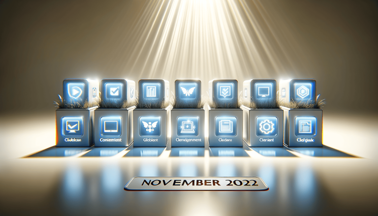 Row of illuminated cubes with diverse tech icons, November 2022.