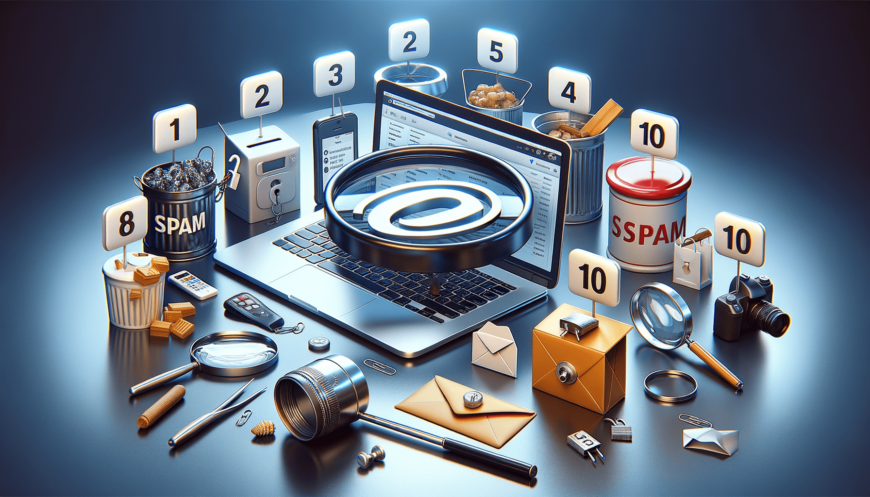 Email management with laptop, magnifying glass, and spam indicators.