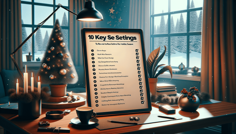 Cosy winter desk setup with holiday checklist, Christmas tree, coffee.
