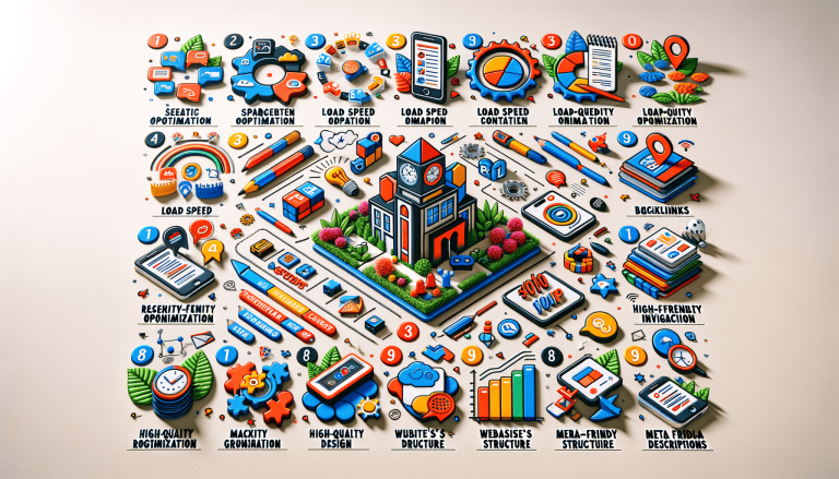Colourful isometric infographic showing website optimisation and SEO elements.