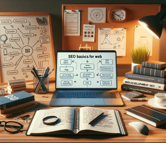 Desk with laptop, books, SEO diagram, and accessories.