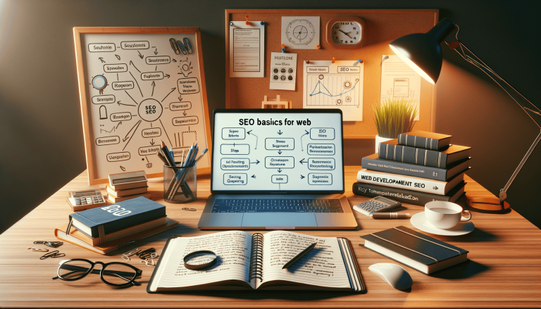 Workstation with SEO basics on laptop, whiteboard, and books.
