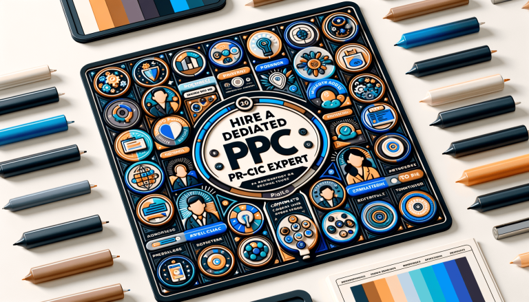 Tablet displaying PPC marketing icons and 'Hire a PPC Expert' text.