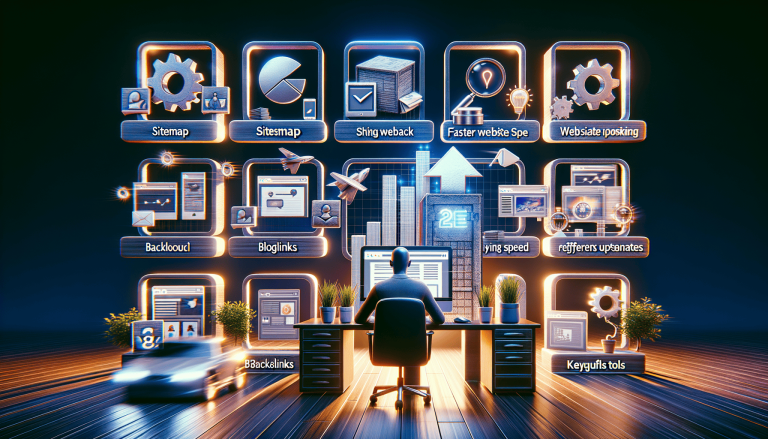 Digital marketing and SEO concept with glowing icons and computer.