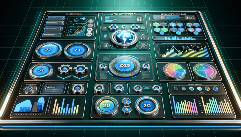 Futuristic digital dashboard displaying charts, numbers, and globe interface.