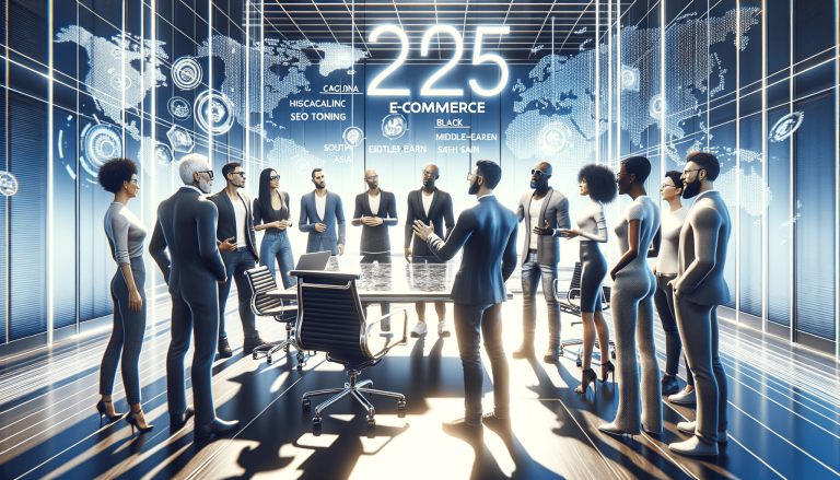 Professionals discuss global e-commerce in a high-tech meeting room.
