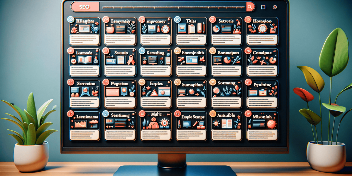 Computer monitor displays SEO content cards on wooden desk.