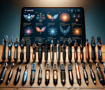 AI-powered tools and gadgets displayed on wooden table.