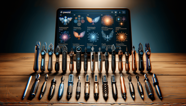AI tablet with futuristic pens on wooden table.