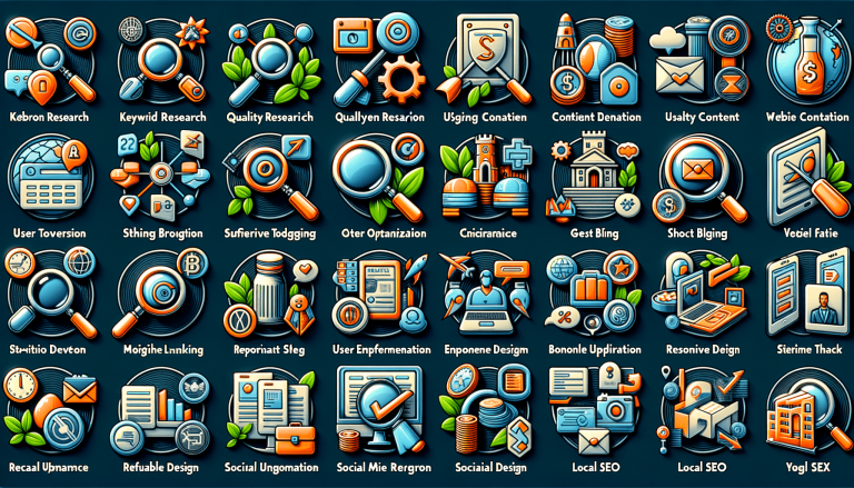Digital marketing, SEO, and business service icons on a dark background.
