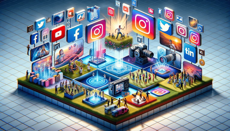 Isometric digital world with social media apps and interacting people.