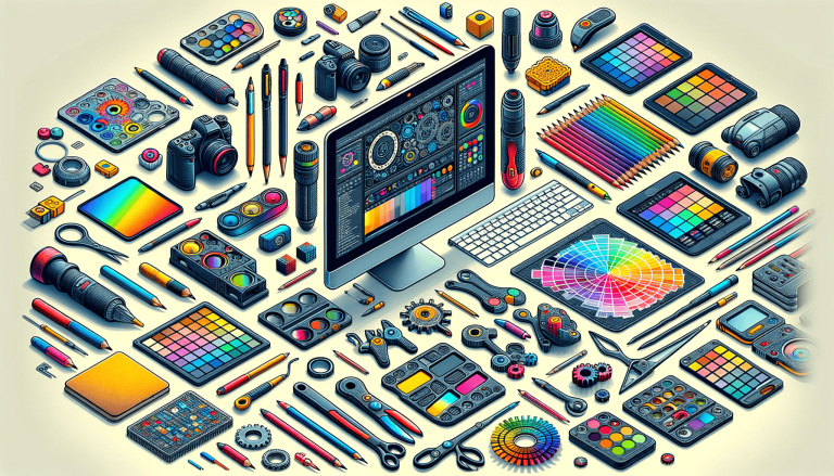 Isometric display of diverse digital and analogue creative design tools.