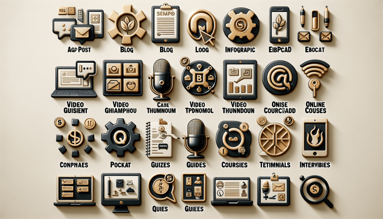 Black and gold icons representing digital content, marketing, and education.