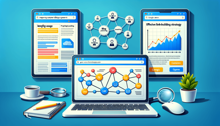 Digital marketing workspace with screens displaying SEO and web content.