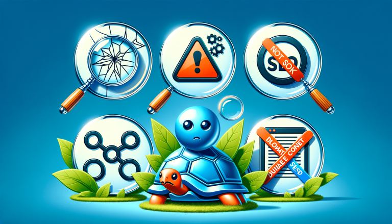 Sad turtle, website errors, broken SEO, and warnings.