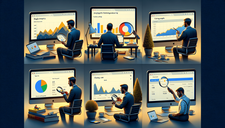 Businessmen analysing digital marketing data on screens.
