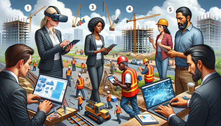 Professionals use technology to manage a busy construction site.