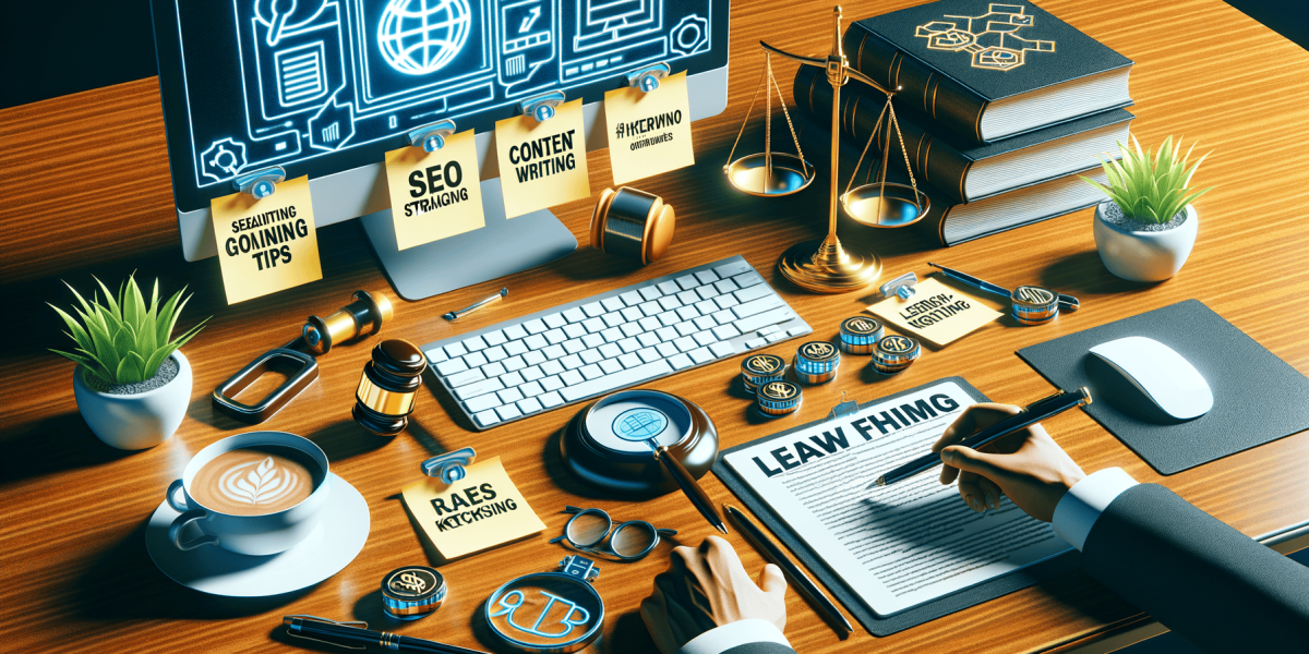 Legal and digital marketing workspace with person writing.