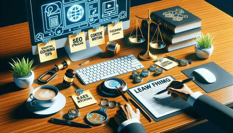 Legal and digital marketing workspace with person writing.