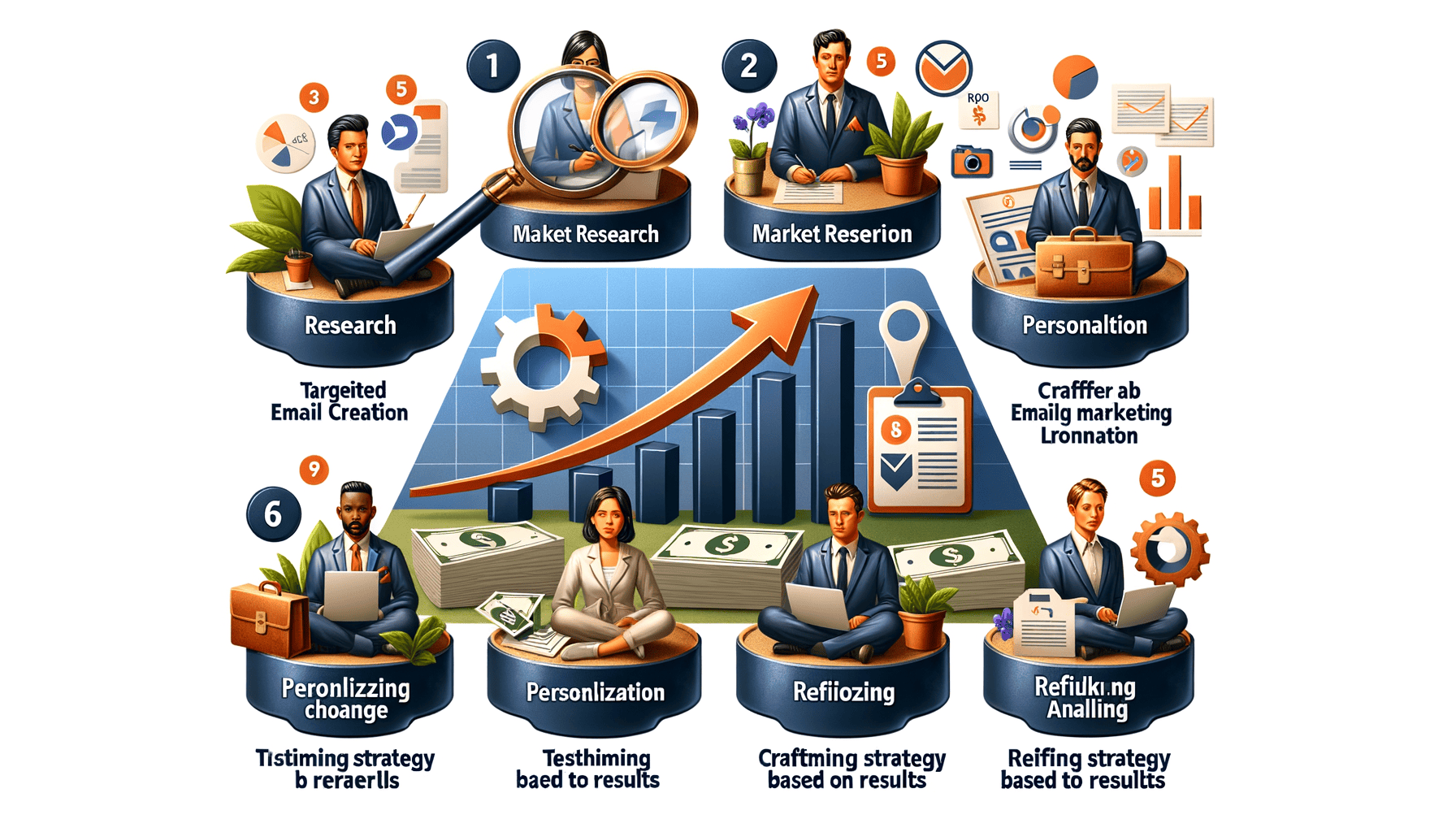 Illustration of business process with charts and people.