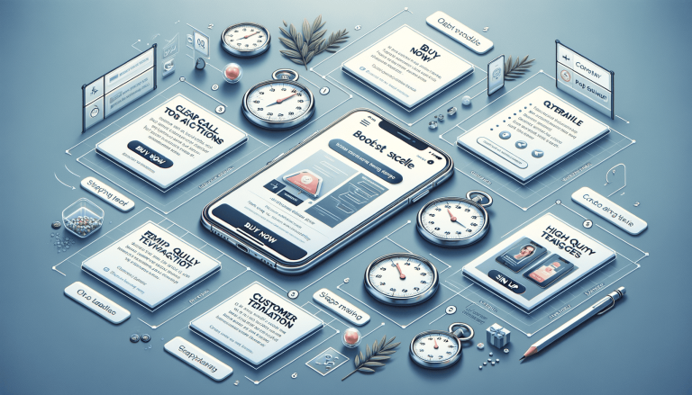 Digital marketing strategy with smartphone, cards, and stopwatches.