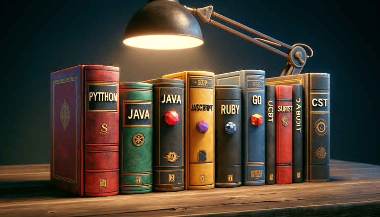 Desk lamp illuminates programming books on a wooden table.