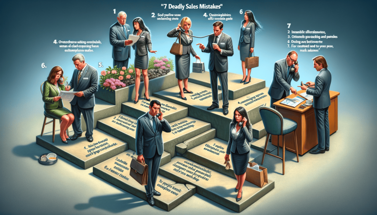 Illustration of 7 deadly sales mistakes with business professionals.