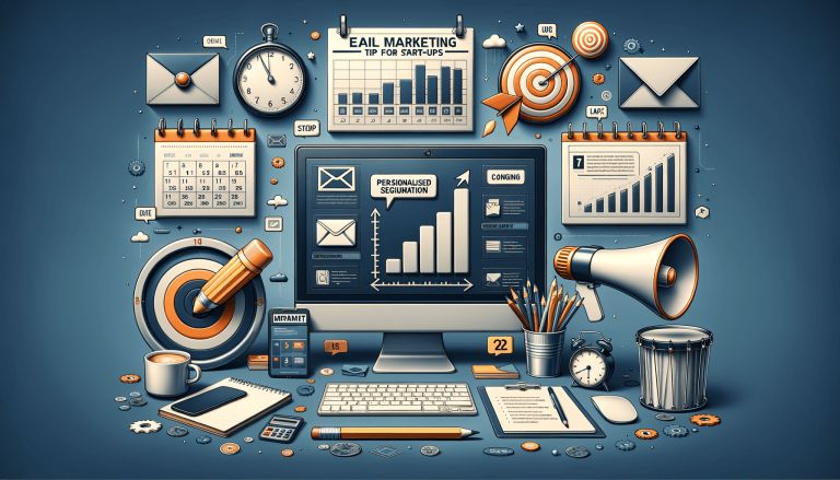 3D illustration of email marketing, business analytics, and office tools.