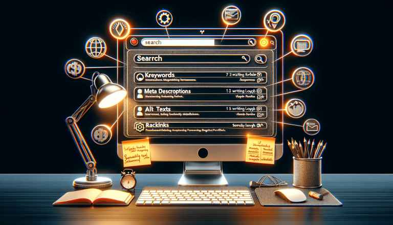 SEO dashboard with keywords, meta descriptions, alt texts.