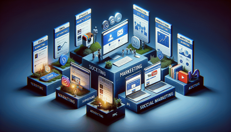 Isometric digital marketing ecosystem with social media and advertising platforms.