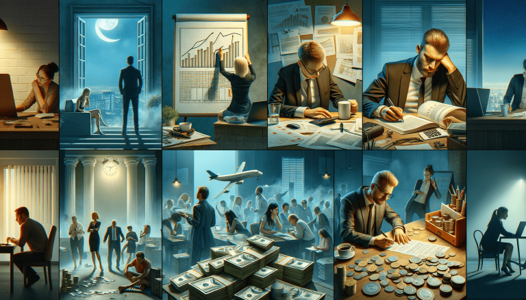 Collage showing diverse business professionals working with finances and data.