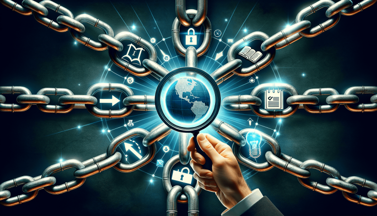 Hand holds magnifying glass over global blockchain network icons.