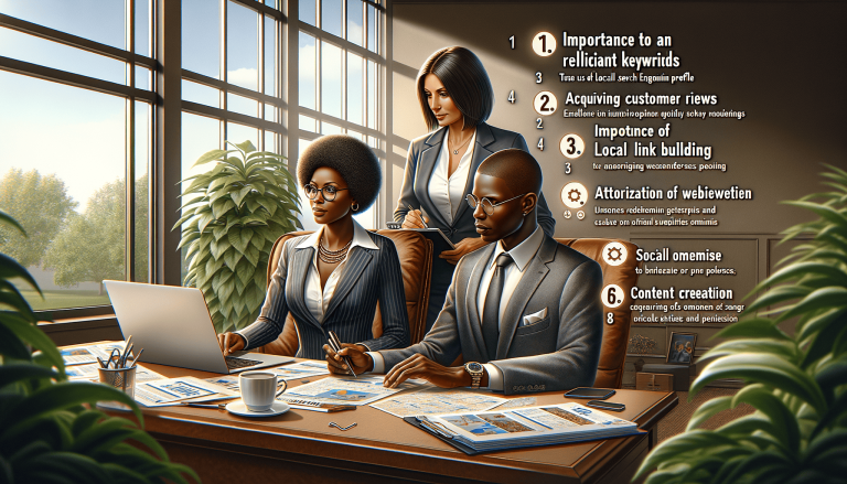 Three business professionals collaborating in a modern office setting.