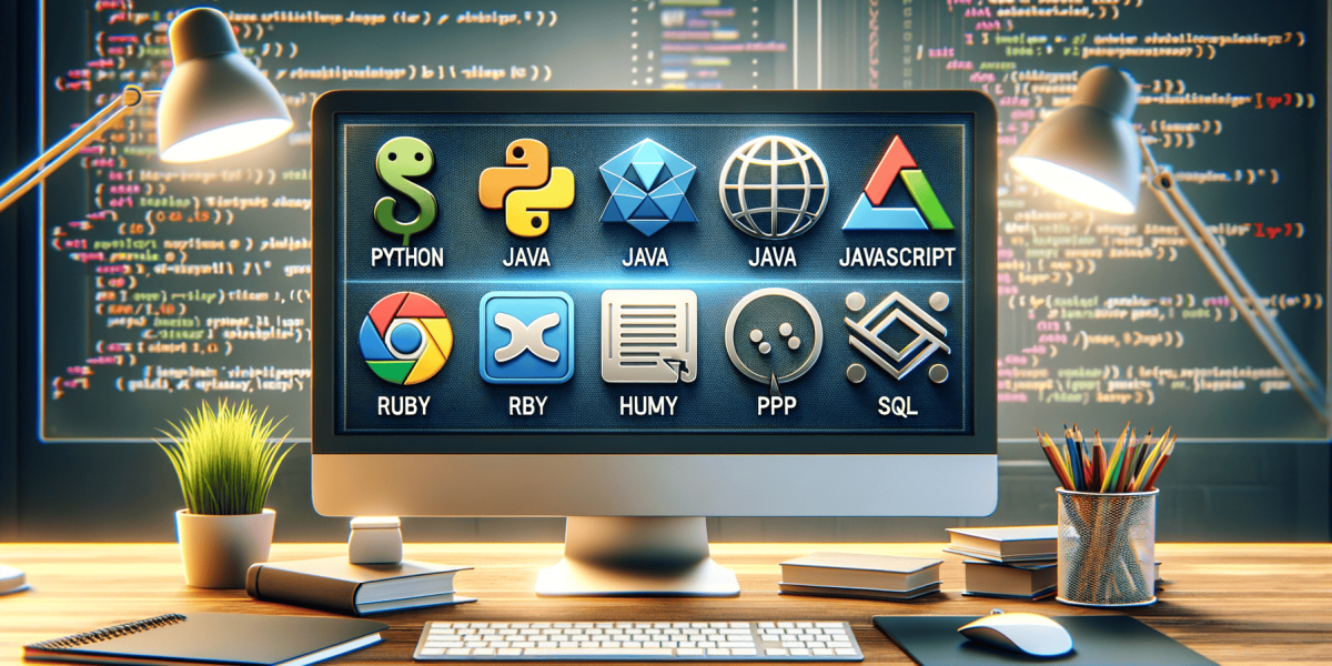 Computer monitor with programming language icons and coding environment.