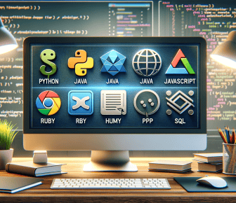 Computer screen displaying programming language icons.