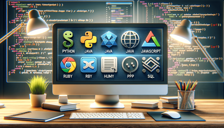 Computer monitor with programming language icons and coding environment.
