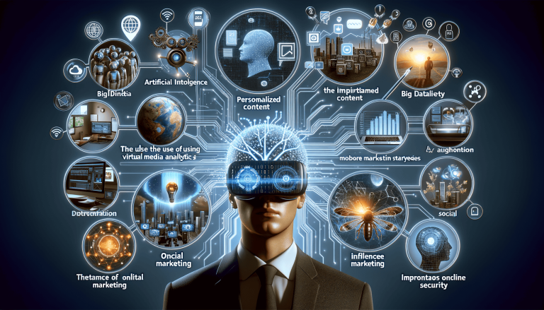 VR headset user surrounded by digital marketing and technology concepts.