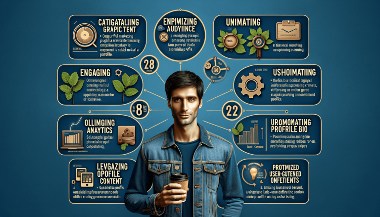 Businessman with coffee surrounded by marketing and analytics infographic.