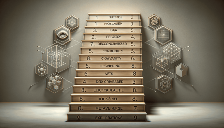 Staircase featuring Data, NFTs, Metaverse, and abstract digital symbols.