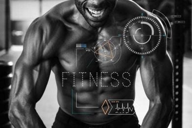 Muscular man with digital fitness overlay grinning, black and white.
