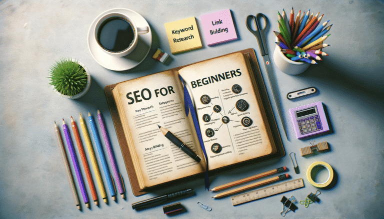 SEO for Beginners book and office supplies on a desk.