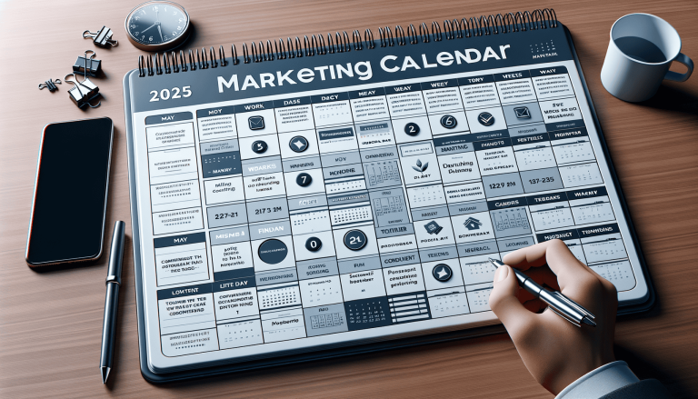 Hand writing on 2025 marketing calendar on wooden desk.