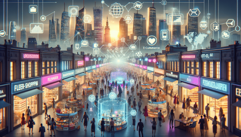 Futuristic city shopping street, people, digital e-commerce network.