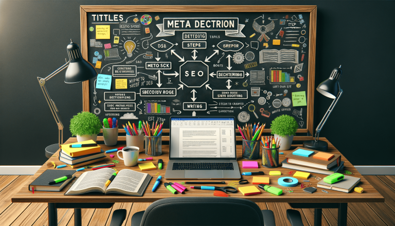 Cluttered study desk with SEO chalkboard and laptop.
