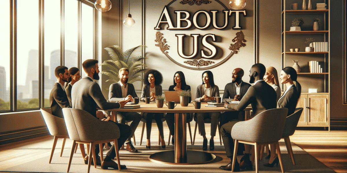Diverse business team meeting under prominent 'ABOUT US' sign.