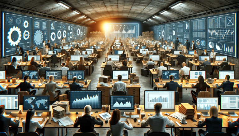 Bustling tech office with numerous workers and data displays.